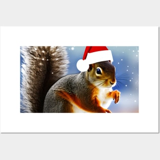 Squirrel with Christmas Hat Posters and Art